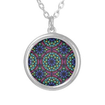 Blue Green And Violet Mandala Geometric Design Silver Plated Necklace by Fetinista at Zazzle