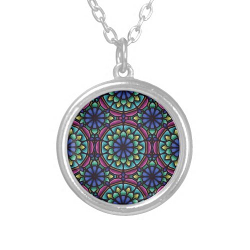 Blue green and violet mandala geometric design silver plated necklace