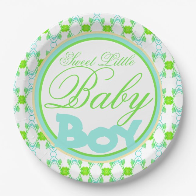 Blue Green And White Baby Boy Shower Decor Paper Plates (Front)