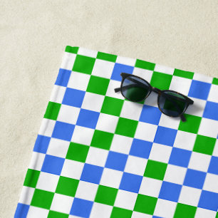 Blue Green And White Checkered Pattern Beach Towel