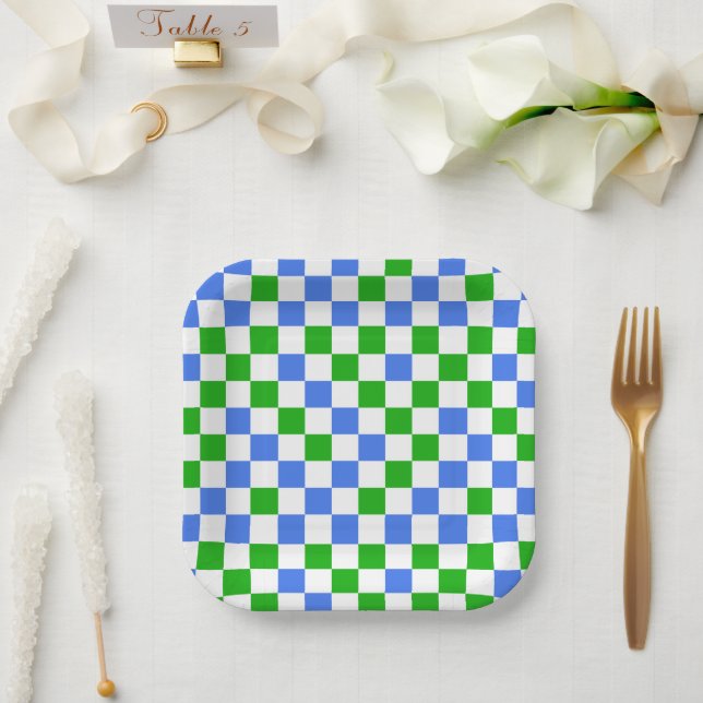 Blue Green And White Checkered Pattern  Paper Plates (Wedding)