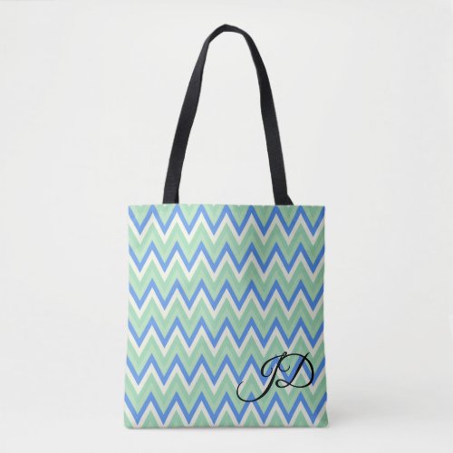 Blue Green and White Chevron Stripes Tote Bag