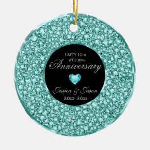 Blue- Green And White Diamonds Silver Heart Ceramic Ornament