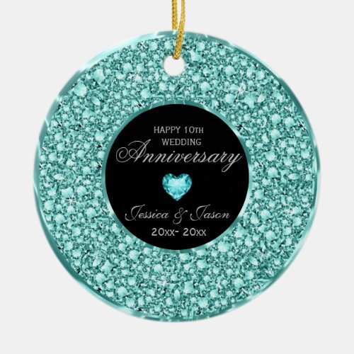 Blue_ Green And White Diamonds Silver Heart Ceramic Ornament