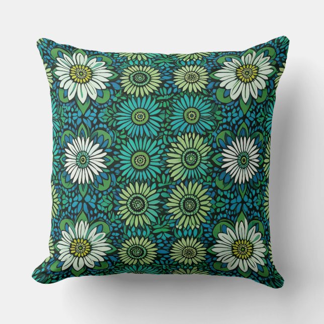 Blue, Green and White Floral Pattern Throw Pillow (Front)