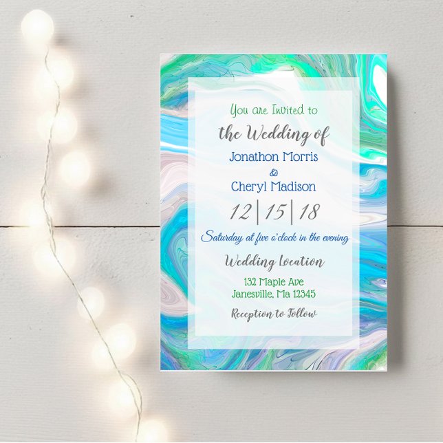Blue, Green and White Marble Fluid Art Wedding  Invitation (Creator Uploaded)
