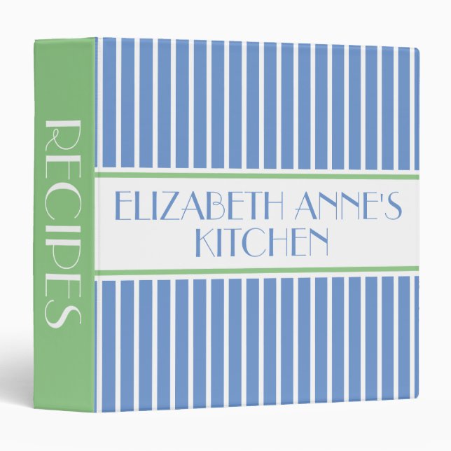Blue Green and White Stripe Personalized Recipe 3 Ring Binder (Front/Spine)