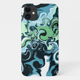 Blue, Green and White swirls Abstract Fluid Art iPhone 11 Case