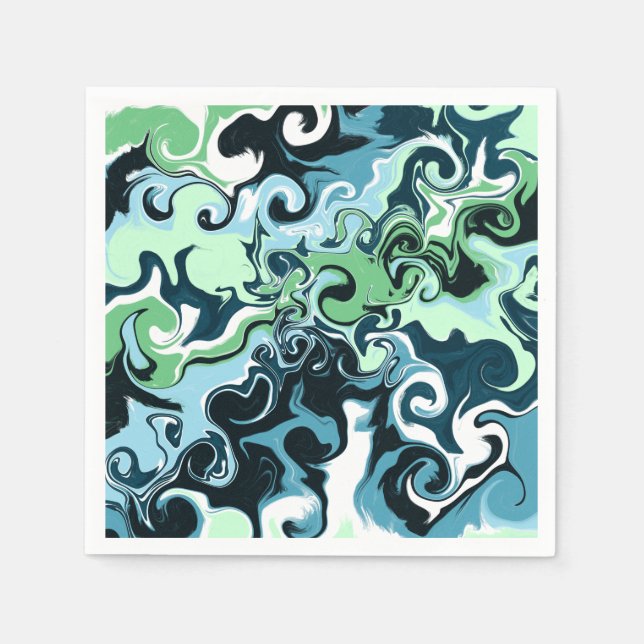 Blue, Green and White swirls Abstract Fluid Art    Napkins (Front)
