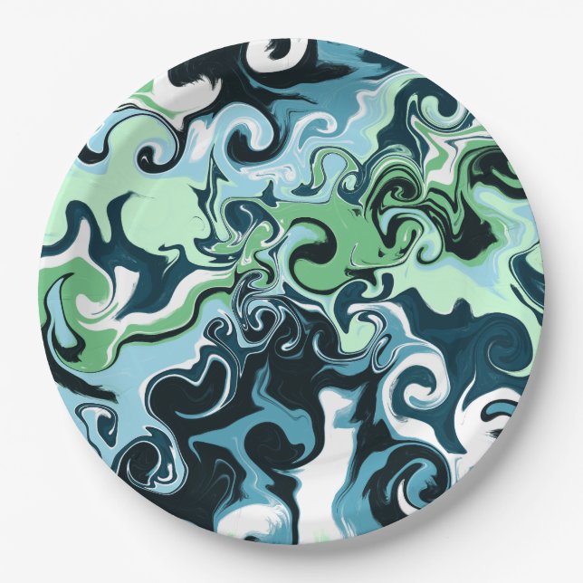 Blue, Green and White swirls Abstract Fluid Art    Paper Plates (Front)