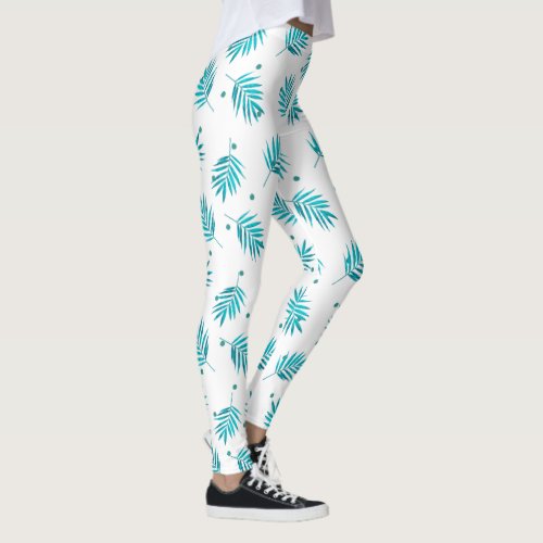 Blue_green and white tropical palm leaves pattern leggings