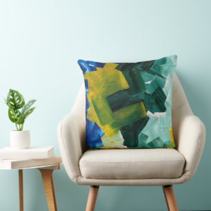 Blue, Green, and Yellow Abstract Brushstrokes Throw Pillow