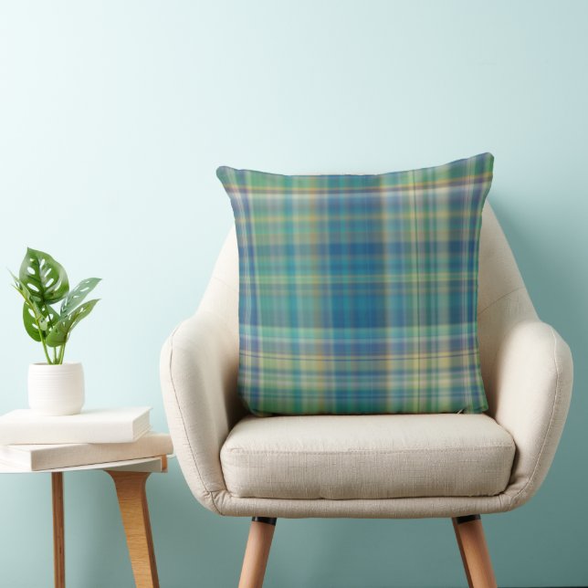 Blue, Green and yellow Plaid Throw Pillow (Chair)