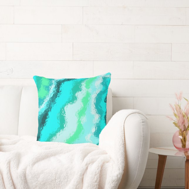 Blue Green Aqua Painterly Scumbled Throw Pillow (Couch)