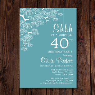 Blue Green Aqua Pine Branch Surprise 40th Birthday Invitation