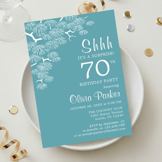 Blue Green Aqua Pine Branch Surprise 70th Birthday Invitation (Creator Uploaded)