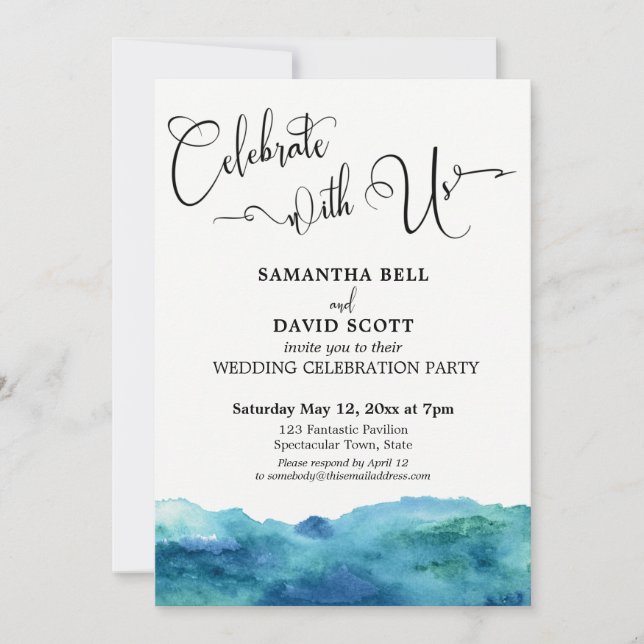Blue Green Aqua Watercolor Bold Celebrate with Us Invitation (Front)
