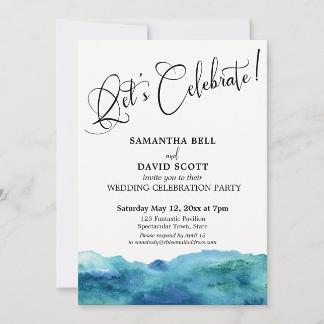 Blue Green Aqua Watercolor Modern Let's Celebrate! Invitation (Front)