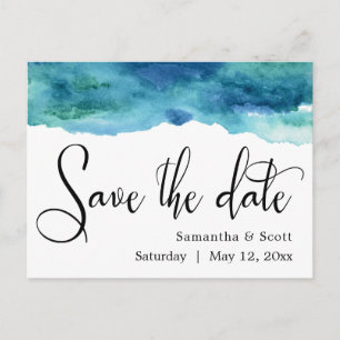 Blue Green Aqua Watercolor Modern Save the Date 3 Announcement Postcard
