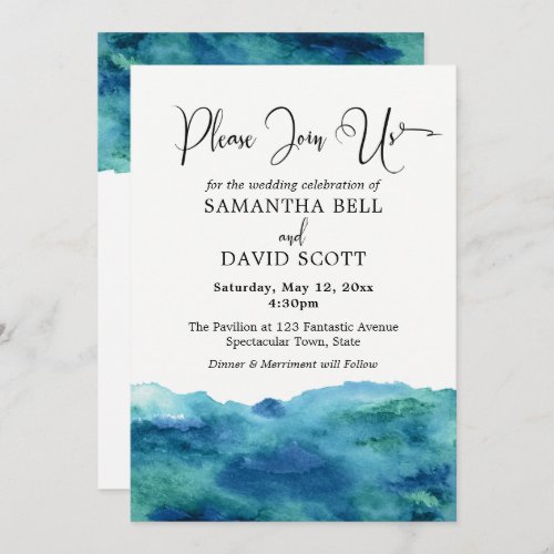 Blue Green Aqua Watercolor Modern Wedding 1b Invitation