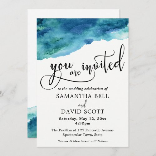 Blue Green Aqua Watercolor Modern Wedding 2 Invitation
