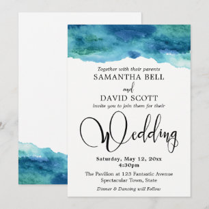 Blue Green Aqua Watercolor Modern Wedding 3 Invitation