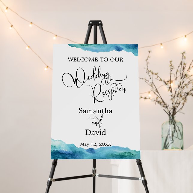 Blue Green Aqua Watercolor Wedding Reception Foam Board (In Situ (Stand))