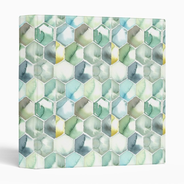 Blue & Green Aquarelle Honycomb Pattern 3 Ring Binder (Front/Spine)