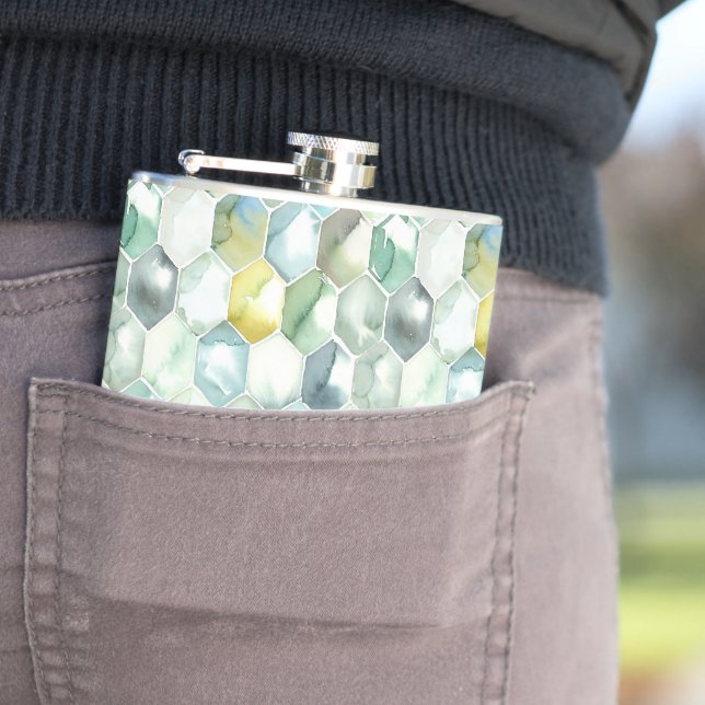 Blue & Green Aquarelle Honycomb Pattern Flask (In Situ)