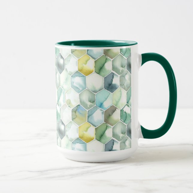 Blue & Green Aquarelle Honycomb Pattern Mug (Right)