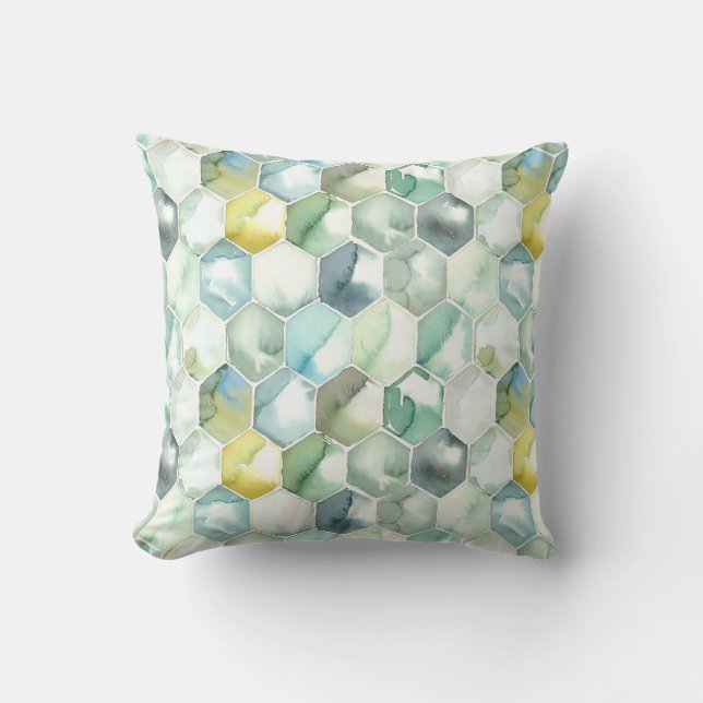 Blue & Green Aquarelle Honycomb Pattern Throw Pillow (Front)