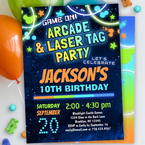 Blue Green Arcade  Laser Tag Birthday Party Invitation