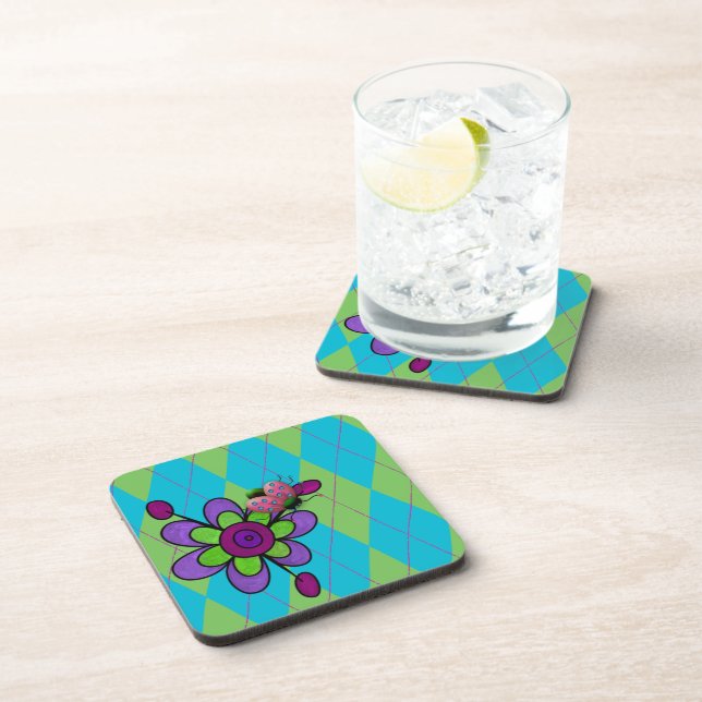 Blue & Green Argyles Ladybug & Flower Drink Coaster (Right Side)