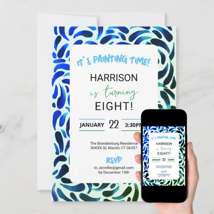 Blue Green Art Paint Party Birthday Boy Invitation Zazzle
