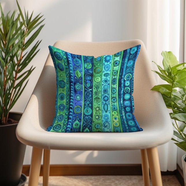 Blue Green Artistic Boho Striped Throw Pillow (Blue Green Artistic Boho Striped Throw Pillow)