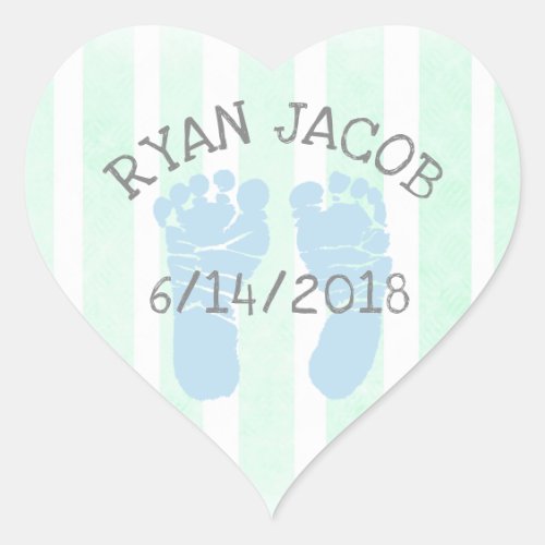 Blue Green Baby Announcement Footprints Heart Sticker