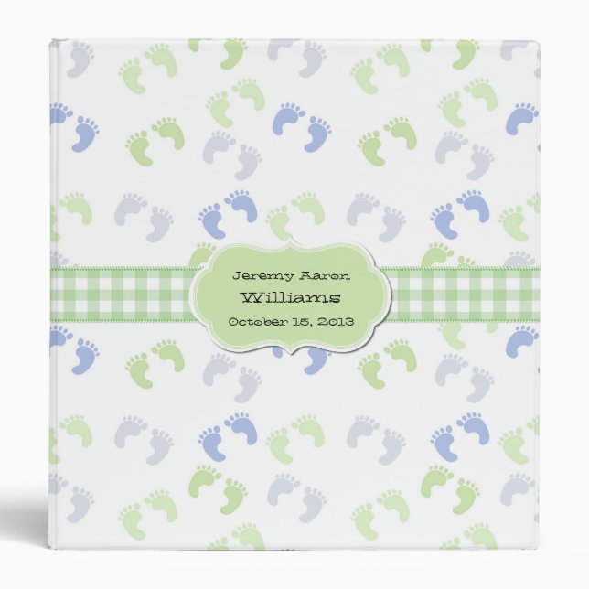 Blue & Green Baby Foot Prints Custom Baby Album 3 Ring Binder (Front)