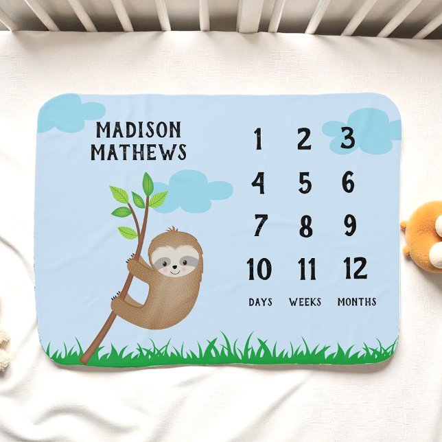 Blue Green Baby Milestone Cute Sloth Blanket (Creator Uploaded)