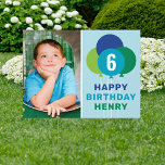 Blue Green Balloons Boys Birthday Photo Sign<br><div class="desc">This fun boys birthday party yard sign features a cluster of balloons in navy, teal, green, and light blue with bold "Happy Birthday" text, a customizable photo, name, and age number on a soft blue background. A personalized, eye-catching way to celebrate the birthday boy right from the front yard. All...</div>