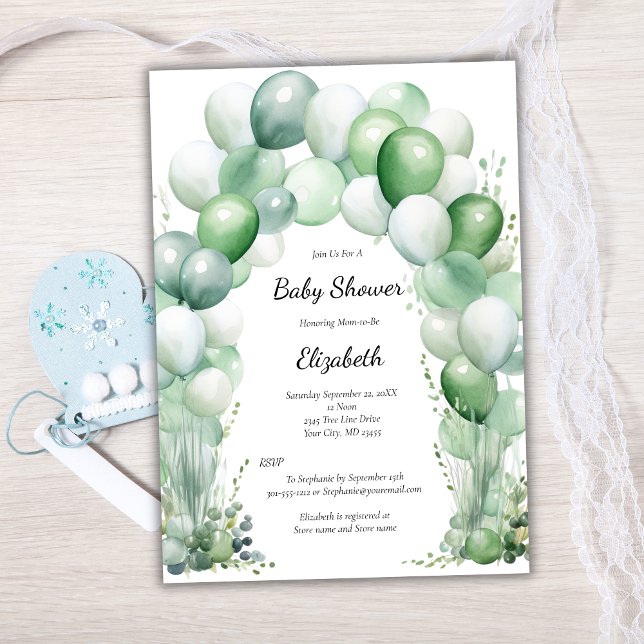 Blue Green Balloons Floral Baby Boy Baby Shower Invitation (Blue Green Balloon Arch Floral Baby Boy Baby Shower Invitation.)