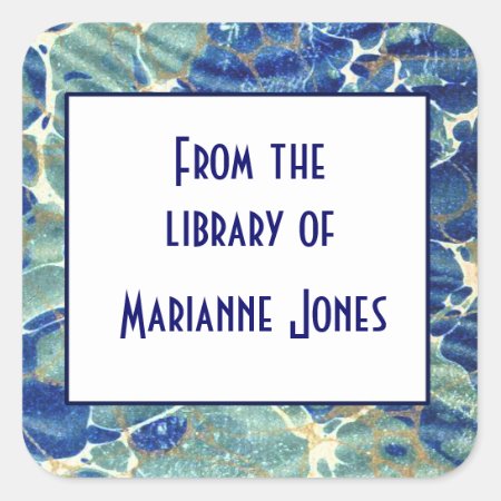 Blue & Green Batik Marble Book Name Plate Square Sticker
