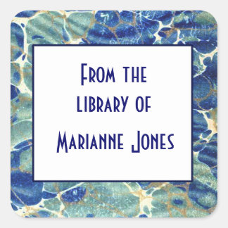 Blue & Green Batik Marble Book Name Plate Square Sticker
