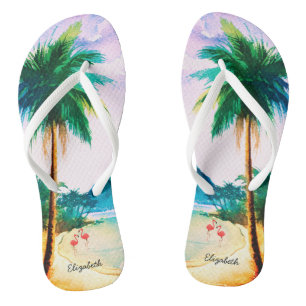 Blue Green Beach Watercolor Flip Flops