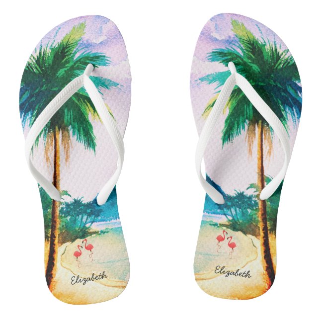 Blue Green Beach Watercolor Flip Flops (Footbed)