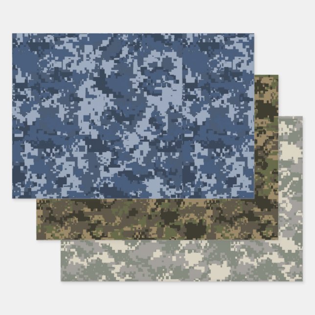 Blue, Green & Beige Pixel Camo Camouflage Wrapping Paper Sheets (Set)