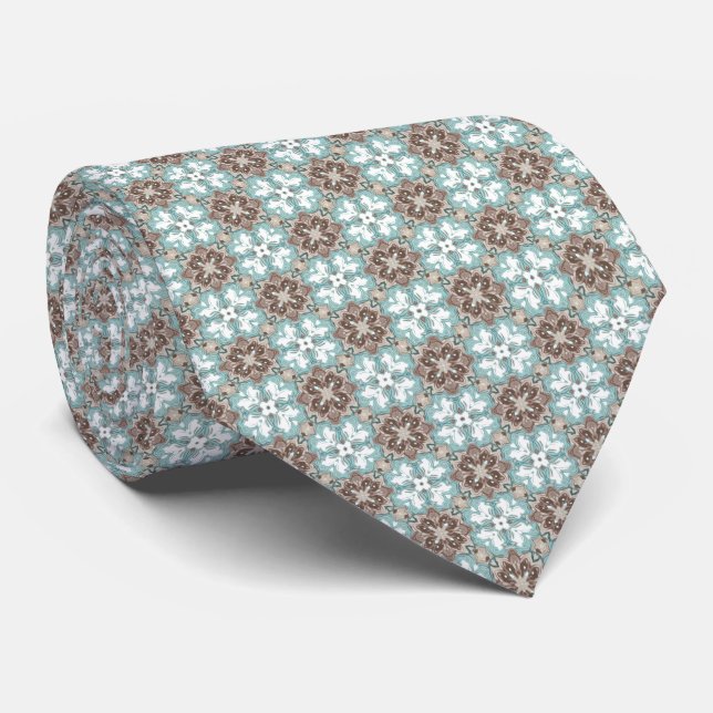 Blue-Green, Beige & Taupe Pattern Neck Tie (Rolled)