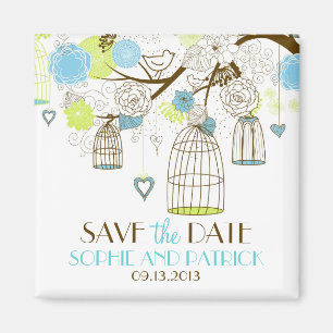 Blue & Green Birdcages Floral Save the Date Magnet