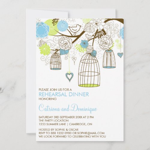 Blue &amp; Green Birdcages Rehearsal Dinner Invitation