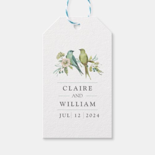 Blue Green Birds Botanical Watercolor Wedding Gift Tags