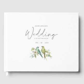 Blue Green Birds Botanical Watercolor Wedding Guest Book